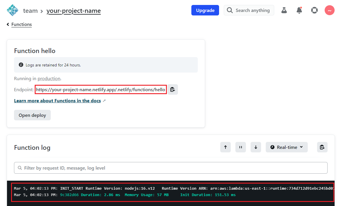Netlify functions logs