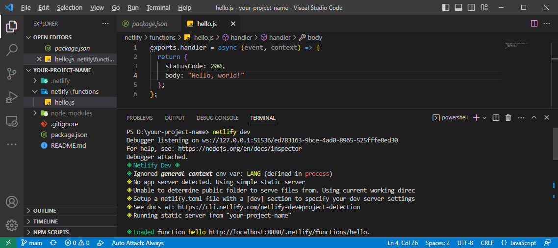 VS Code serverless project