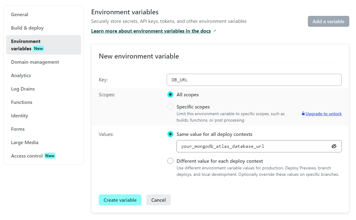 Netlify create variable